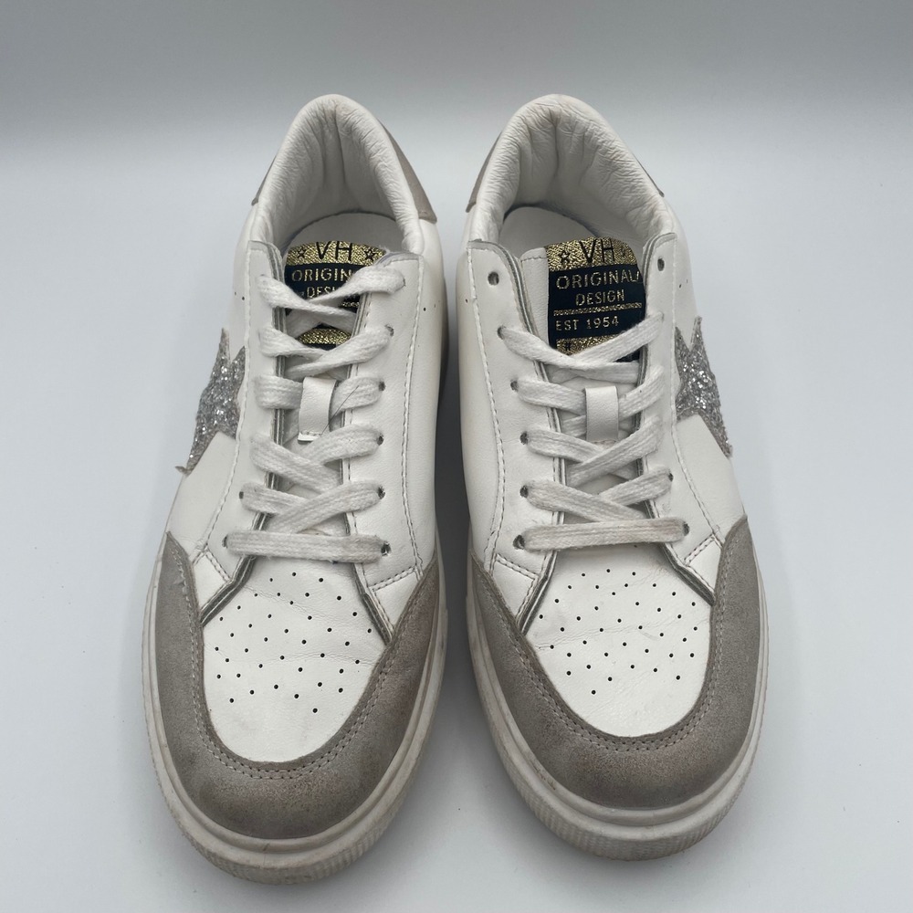 GUC Vintage Havana White Leather Silver Glitter Star Platform Sneakers Womens 7 - Picture 4 of 10